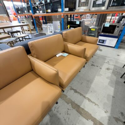 EX STAGING TAN PU ARMCHAIR, SOLD AS IS EX STAGING TAN PU ARMCHAIR, SOLD AS IS