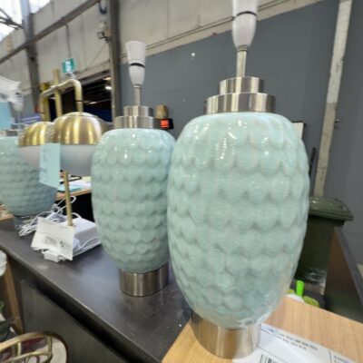 EX STAGING - LIGHT BLUE LAMP BASE WITH BRUSHED CHROME BASE, SOLD AS IS EX STAGING - LIGHT BLUE LAMP BASE WITH BRUSHED CHROME BASE, SOLD AS IS