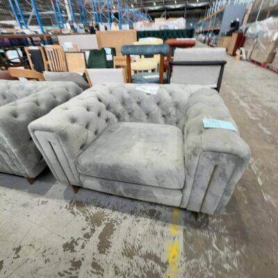 EX STAGING - GREY VELVET ARMCHAIR, BUTTON UPHOLSTERY, SOLD AS IS EX STAGING - GREY VELVET ARMCHAIR, BUTTON UPHOLSTERY, SOLD AS IS