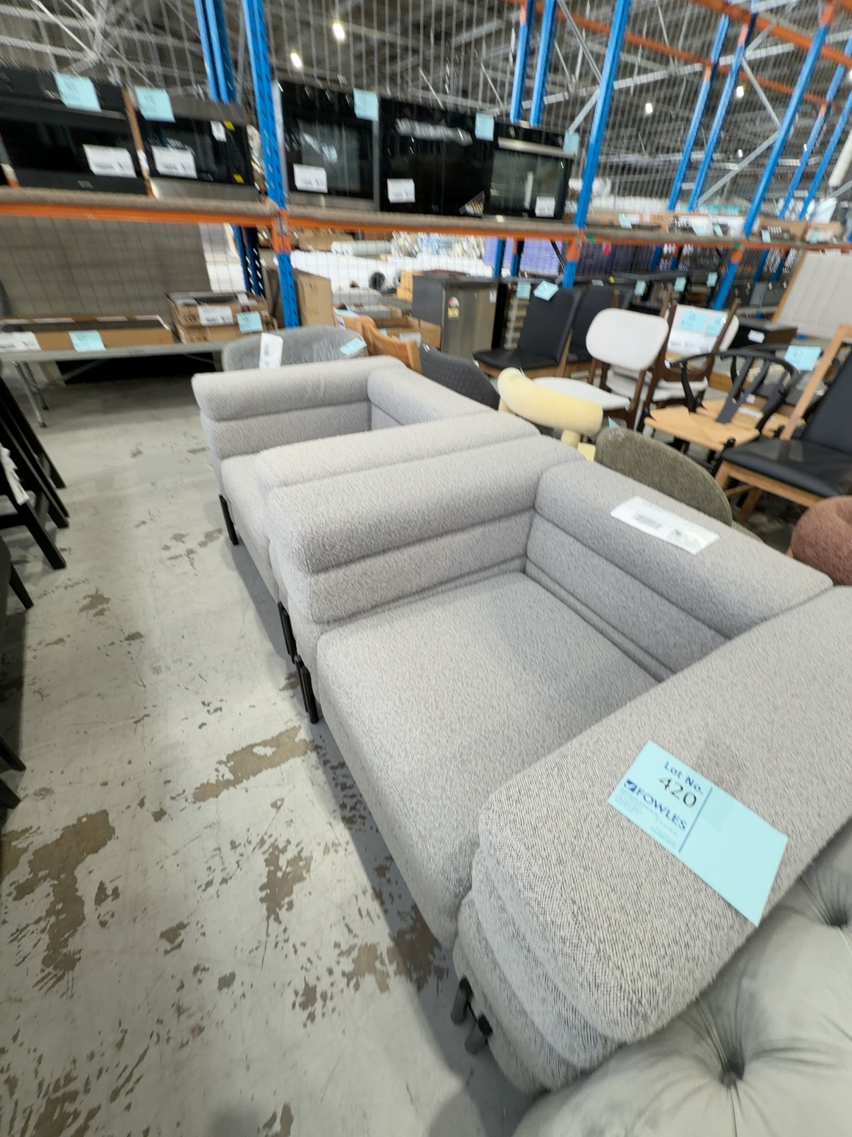 EX STAGING - GREY BOUCLE ARMCHAIR, BLACK LEGS, SOLD AS IS EX STAGING - GREY BOUCLE ARMCHAIR, BLACK LEGS, SOLD AS IS