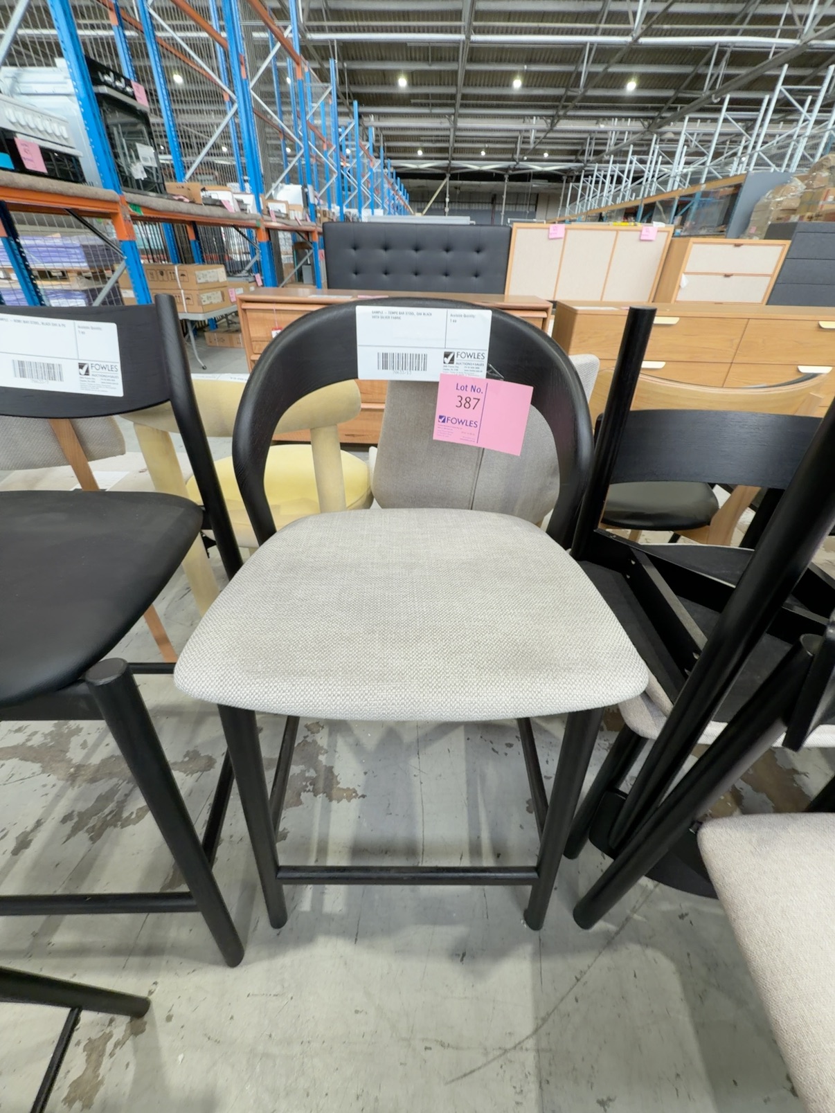 SAMPLE - TEMPO BAR STOOL, OAK BLACK WITH SILVER FABRIC SAMPLE - TEMPO BAR STOOL, OAK BLACK WITH SILVER FABRIC