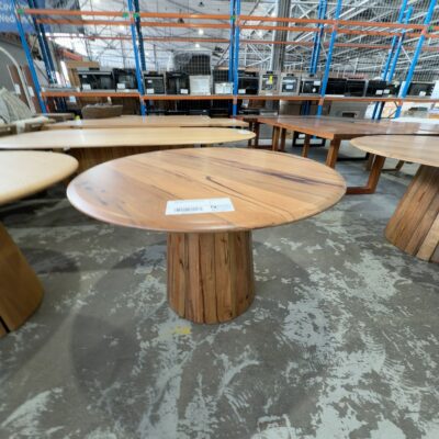 EX DISPLAY JINDALEE 1200MM ROUND DINING TABLE, CENTRAL PEDESTAL, MARRI TIMBER SOLD AS IS EX DISPLAY JINDALEE 1200MM ROUND DINING TABLE, CENTRAL PEDESTAL, MARRI TIMBER SOLD AS IS