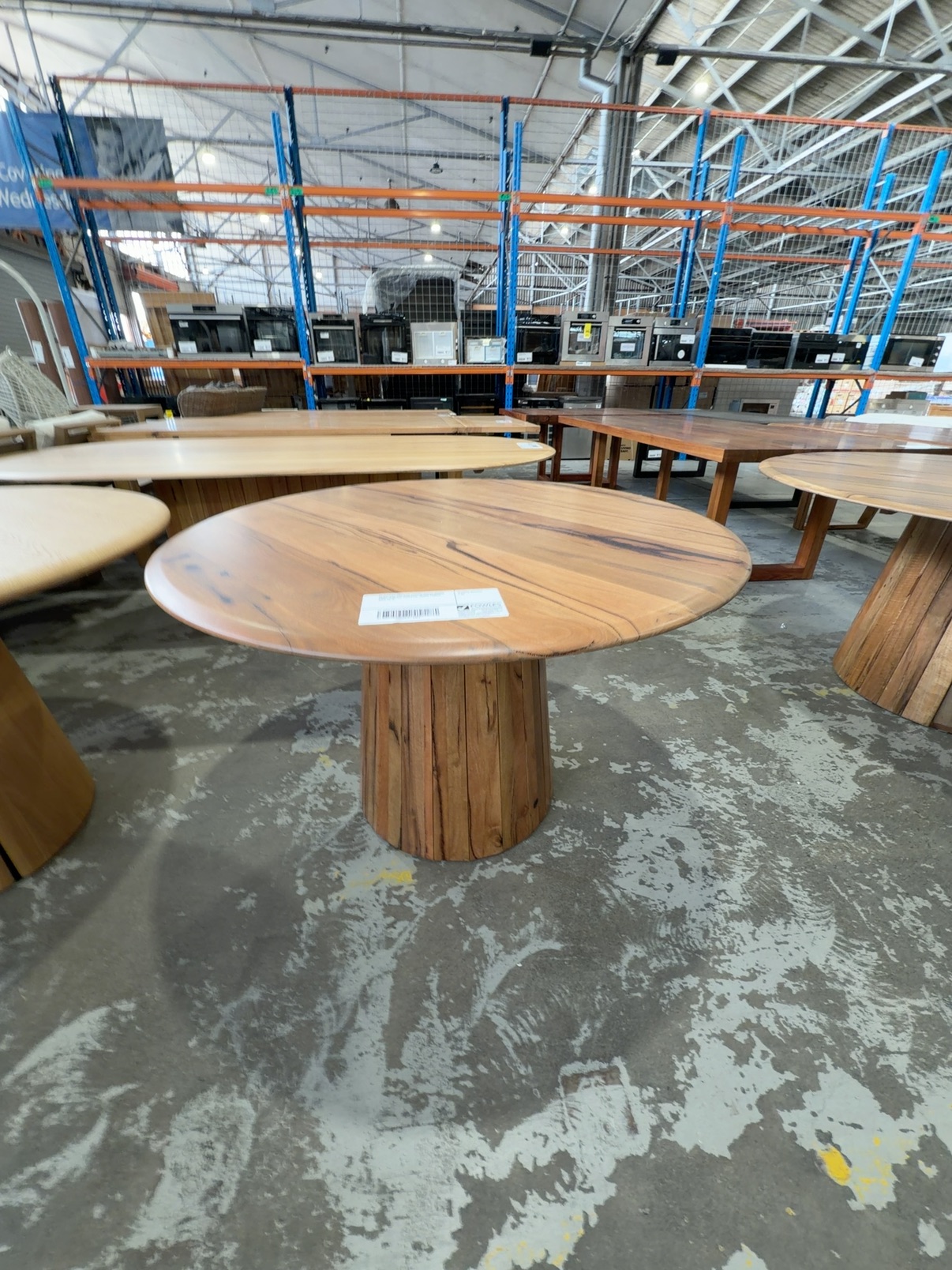 EX DISPLAY JINDALEE 1200MM ROUND DINING TABLE, CENTRAL PEDESTAL, MARRI TIMBER SOLD AS IS EX DISPLAY JINDALEE 1200MM ROUND DINING TABLE, CENTRAL PEDESTAL, MARRI TIMBER SOLD AS IS