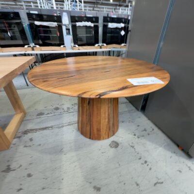 EX DISPLAY JINDALEE MARRI TIMBER ROUND 1200MM DINING TABLE, TAPERED CENTRAL PEDESTAL, SOLD AS IS EX DISPLAY JINDALEE MARRI TIMBER ROUND 1200MM DINING TABLE, TAPERED CENTRAL PEDESTAL, SOLD AS IS