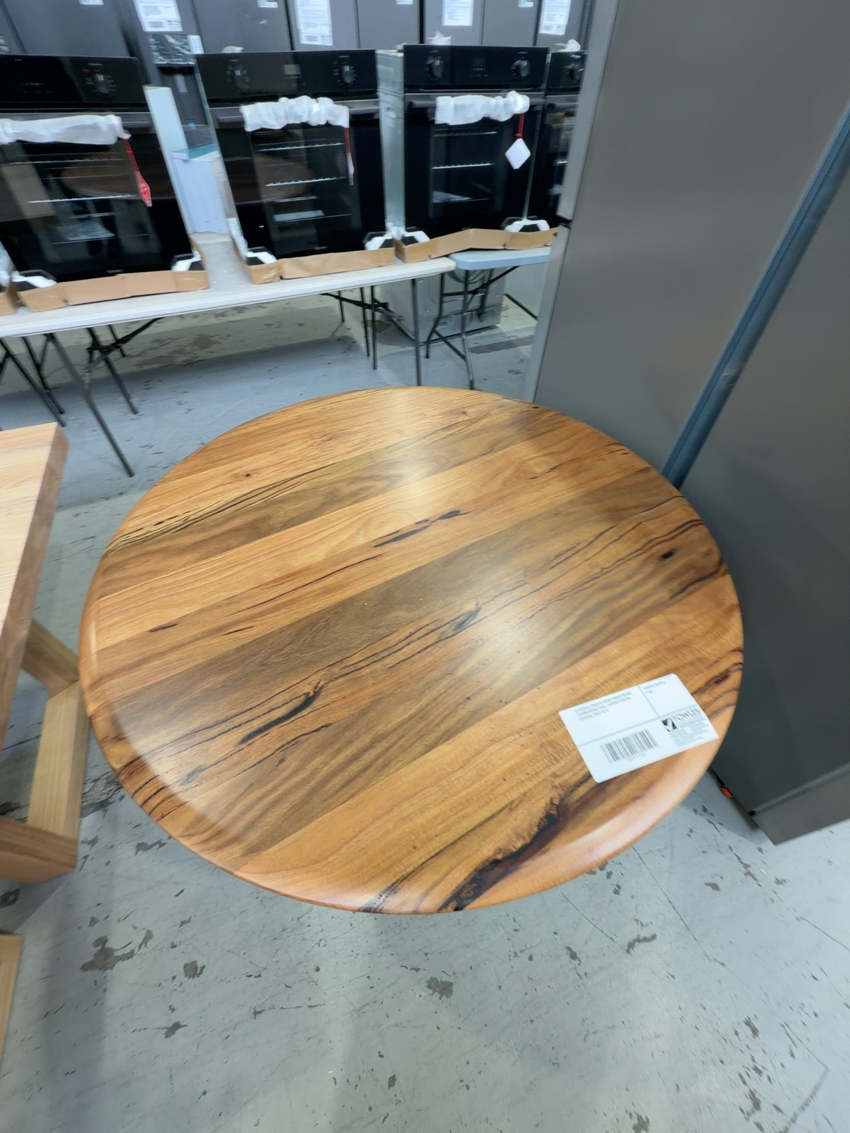 EX DISPLAY JINDALEE MARRI TIMBER ROUND 1200MM DINING TABLE, TAPERED CENTRAL PEDESTAL, SOLD AS IS EX DISPLAY JINDALEE MARRI TIMBER ROUND 1200MM DINING TABLE, TAPERED CENTRAL PEDESTAL, SOLD AS IS
