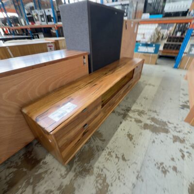 EX DISPLAY JINDALEE ENTERTAINMENT UNIT 2200MM, MARRI TIMBER **CRACK IN TOP, WATER DAMAGE SIDE, SCRATCHES* **MUST INSPECT** SOLD AS IS EX DISPLAY JINDALEE ENTERTAINMENT UNIT 2200MM, MARRI TIMBER **CRACK IN TOP, WATER DAMAGE SIDE, SCRATCHES* **MUST INSPECT** SOLD AS IS