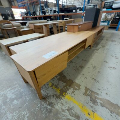 EX DISPLAY AKSEL AMERICAN OAK ENTERTAINMENT UNIT, 2200MMM, MISALIGNED DOOR, SOLD AS IS EX DISPLAY AKSEL AMERICAN OAK ENTERTAINMENT UNIT, 2200MMM, MISALIGNED DOOR, SOLD AS IS