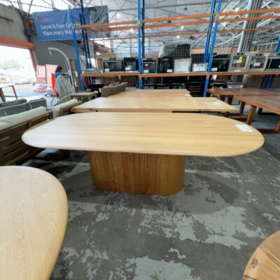 EX DISPLAY CLAIRE MESSMATE 2500MM CURVED DINING TABLE, CENTRAL PEDESTAL, SOLD AS IS EX DISPLAY CLAIRE MESSMATE 2500MM CURVED DINING TABLE, CENTRAL PEDESTAL, SOLD AS IS