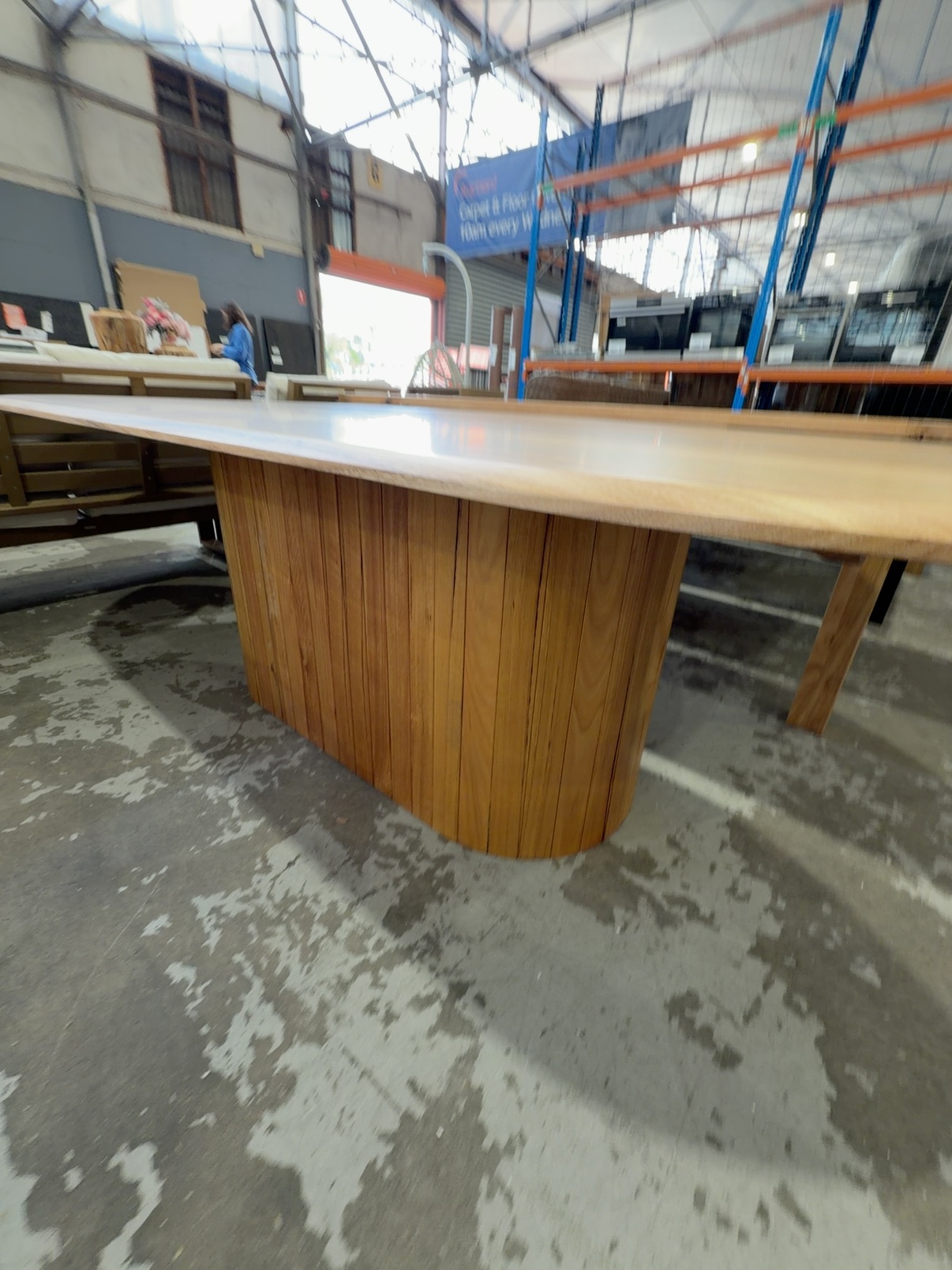 EX DISPLAY CLAIRE MESSMATE 2500MM CURVED DINING TABLE, CENTRAL PEDESTAL, SOLD AS IS EX DISPLAY CLAIRE MESSMATE 2500MM CURVED DINING TABLE, CENTRAL PEDESTAL, SOLD AS IS