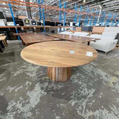 EX DISPLAY JINDALEE 1600MM MARRI TIMBER ROUND DINING TABLE, **TABLE TOP HAS SPLIT, PEDESTAL IS MISSING SOME PANELS** SOLD AS IS