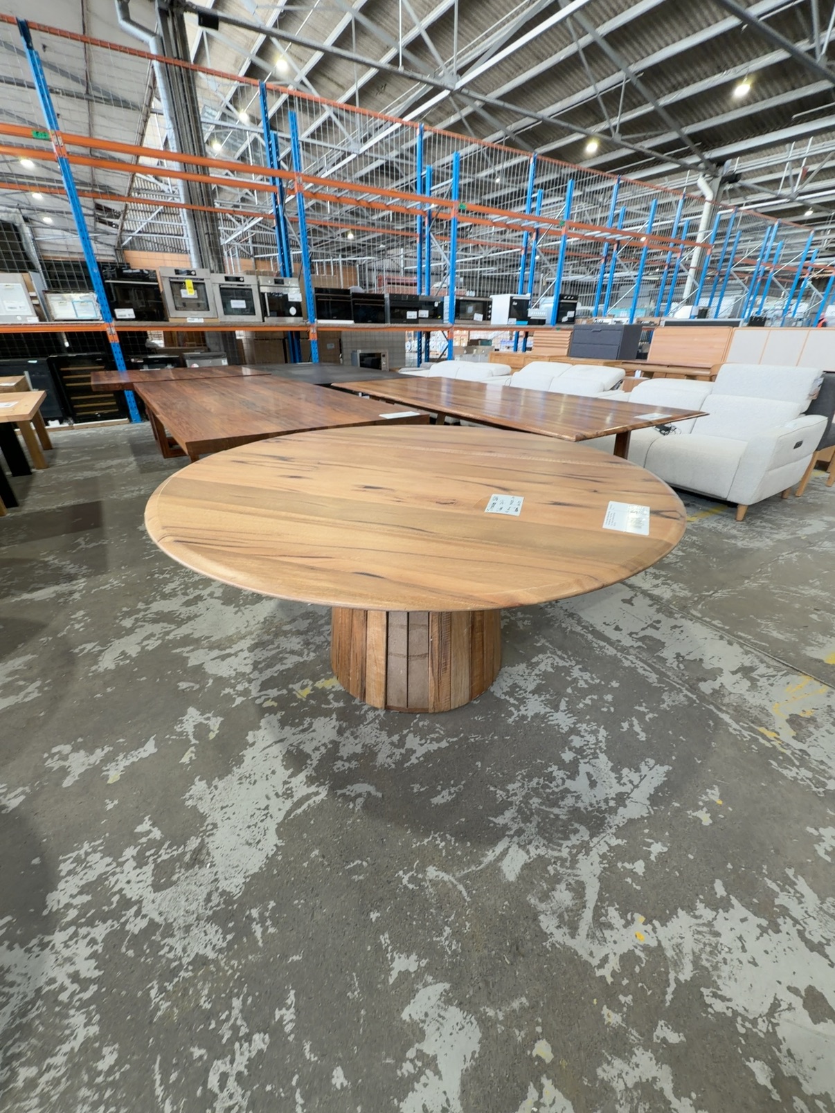 EX DISPLAY JINDALEE 1600MM MARRI TIMBER ROUND DINING TABLE, **TABLE TOP HAS SPLIT, PEDESTAL IS MISSING SOME PANELS** SOLD AS IS EX DISPLAY JINDALEE 1600MM MARRI TIMBER ROUND DINING TABLE, **TABLE TOP HAS SPLIT, PEDESTAL IS MISSING SOME PANELS** SOLD AS IS