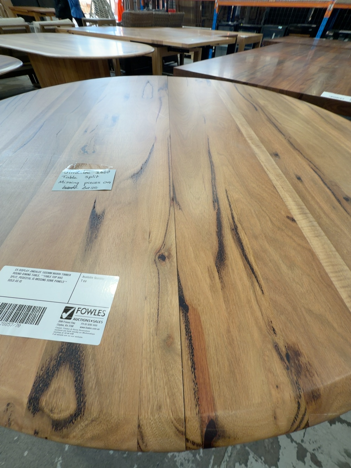 EX DISPLAY JINDALEE 1600MM MARRI TIMBER ROUND DINING TABLE, **TABLE TOP HAS SPLIT, PEDESTAL IS MISSING SOME PANELS** SOLD AS IS EX DISPLAY JINDALEE 1600MM MARRI TIMBER ROUND DINING TABLE, **TABLE TOP HAS SPLIT, PEDESTAL IS MISSING SOME PANELS** SOLD AS IS