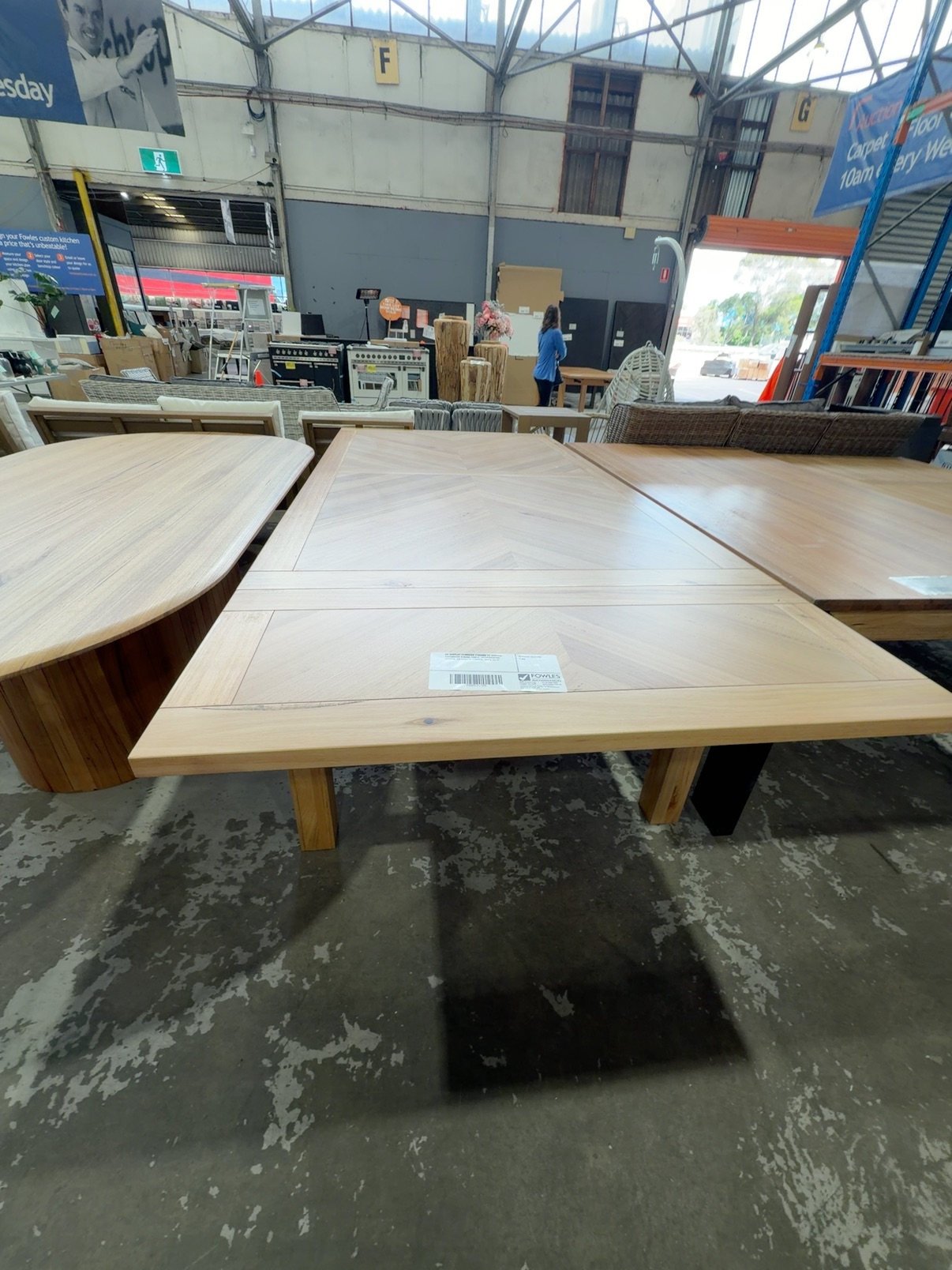 EX DISPLAY FLINDERS 2100MM TO 3000MM EXTENSION DINING TABLE, HERRINGBONE DESIGN, MESSMATE TIMBER, SOLD AS IS EX DISPLAY FLINDERS 2100MM TO 3000MM EXTENSION DINING TABLE, HERRINGBONE DESIGN, MESSMATE TIMBER, SOLD AS IS