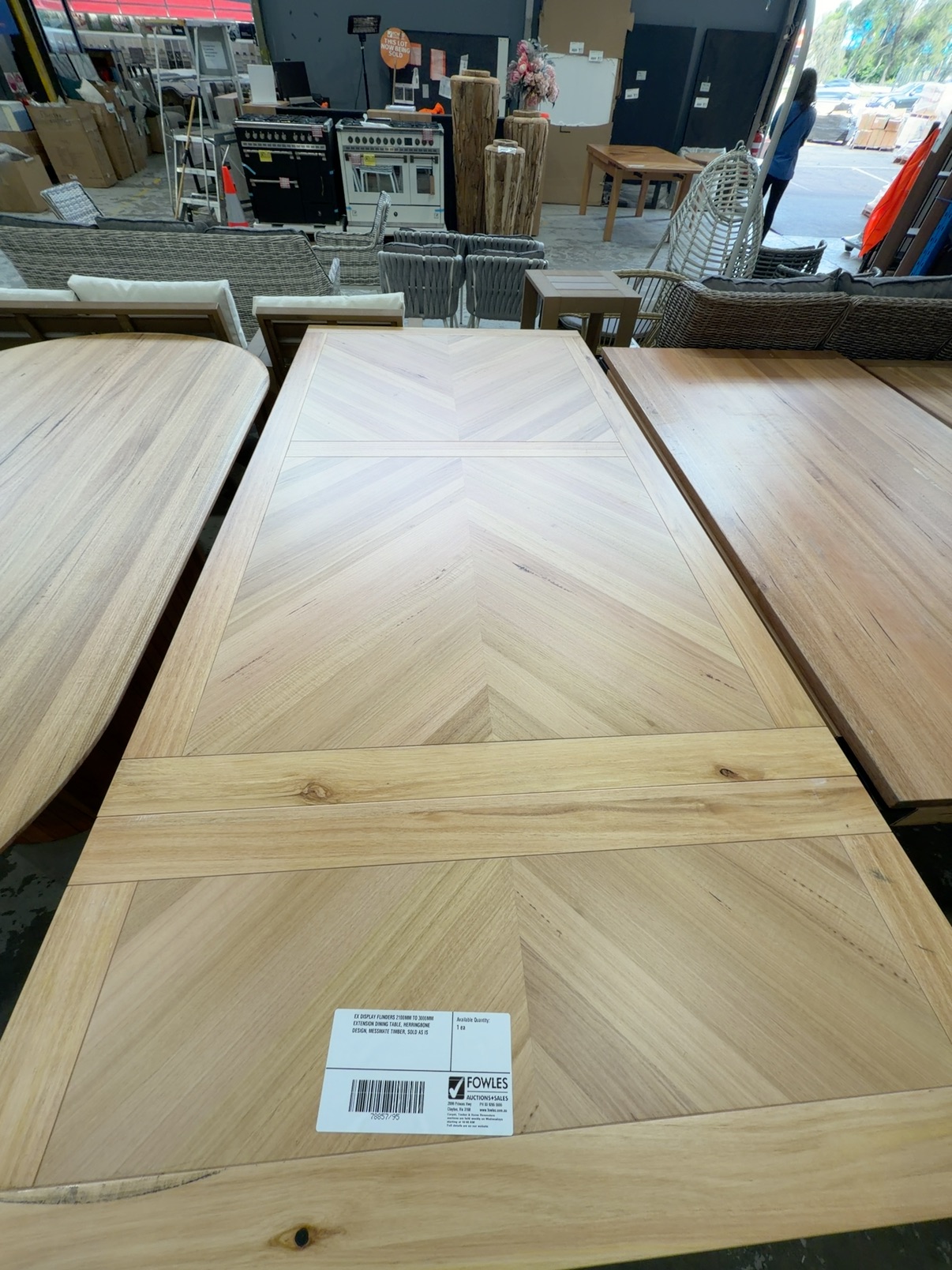 EX DISPLAY FLINDERS 2100MM TO 3000MM EXTENSION DINING TABLE, HERRINGBONE DESIGN, MESSMATE TIMBER, SOLD AS IS EX DISPLAY FLINDERS 2100MM TO 3000MM EXTENSION DINING TABLE, HERRINGBONE DESIGN, MESSMATE TIMBER, SOLD AS IS
