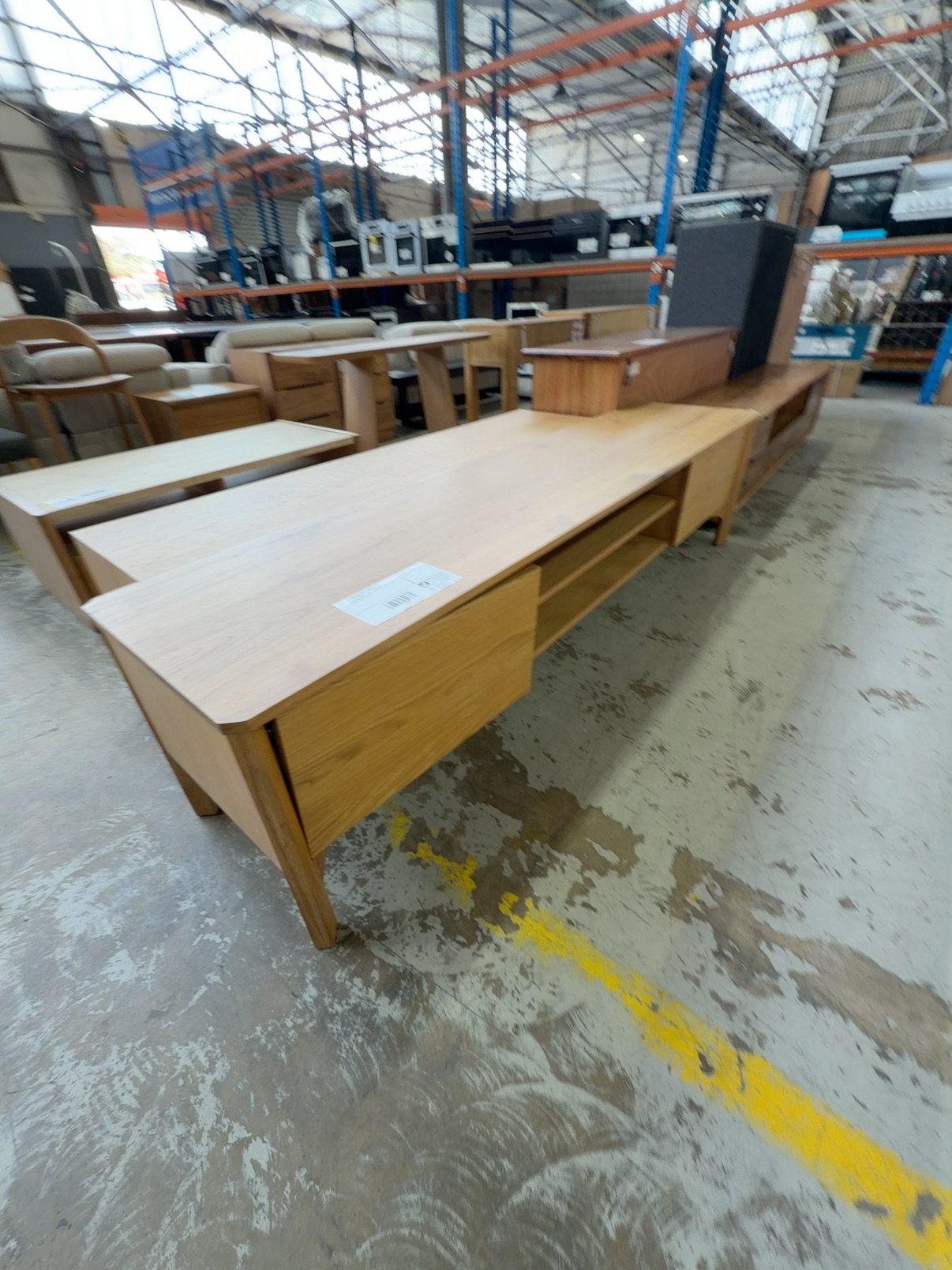 EX DISPLAY AKSEL AMERICAN OAK ENTERTAINMENT UNIT, 2200MMM, MISALIGNED DOOR, SOLD AS IS EX DISPLAY AKSEL AMERICAN OAK ENTERTAINMENT UNIT, 2200MMM, MISALIGNED DOOR, SOLD AS IS