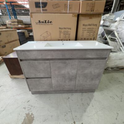 NEW AULIC LOLA CONCRETE GREY 1200MM FLOOR VANITY DRAWERS LEFT HAND WITH CRYSTAL CERAMIC TOP, CA11-1200L-CT28 NEW AULIC LOLA CONCRETE GREY 1200MM FLOOR VANITY DRAWERS LEFT HAND WITH CRYSTAL CERAMIC TOP, CA11-1200L-CT28