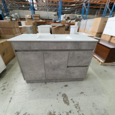 NEW AULIC LOLA CONCRETE GREY 1200MM FLOOR VANITY DRAWERS RIGHT HAND WITH CRYSTAL CERAMIC TOP, CA11-1200R-CT28 NEW AULIC LOLA CONCRETE GREY 1200MM FLOOR VANITY DRAWERS RIGHT HAND WITH CRYSTAL CERAMIC TOP, CA11-1200R-CT28