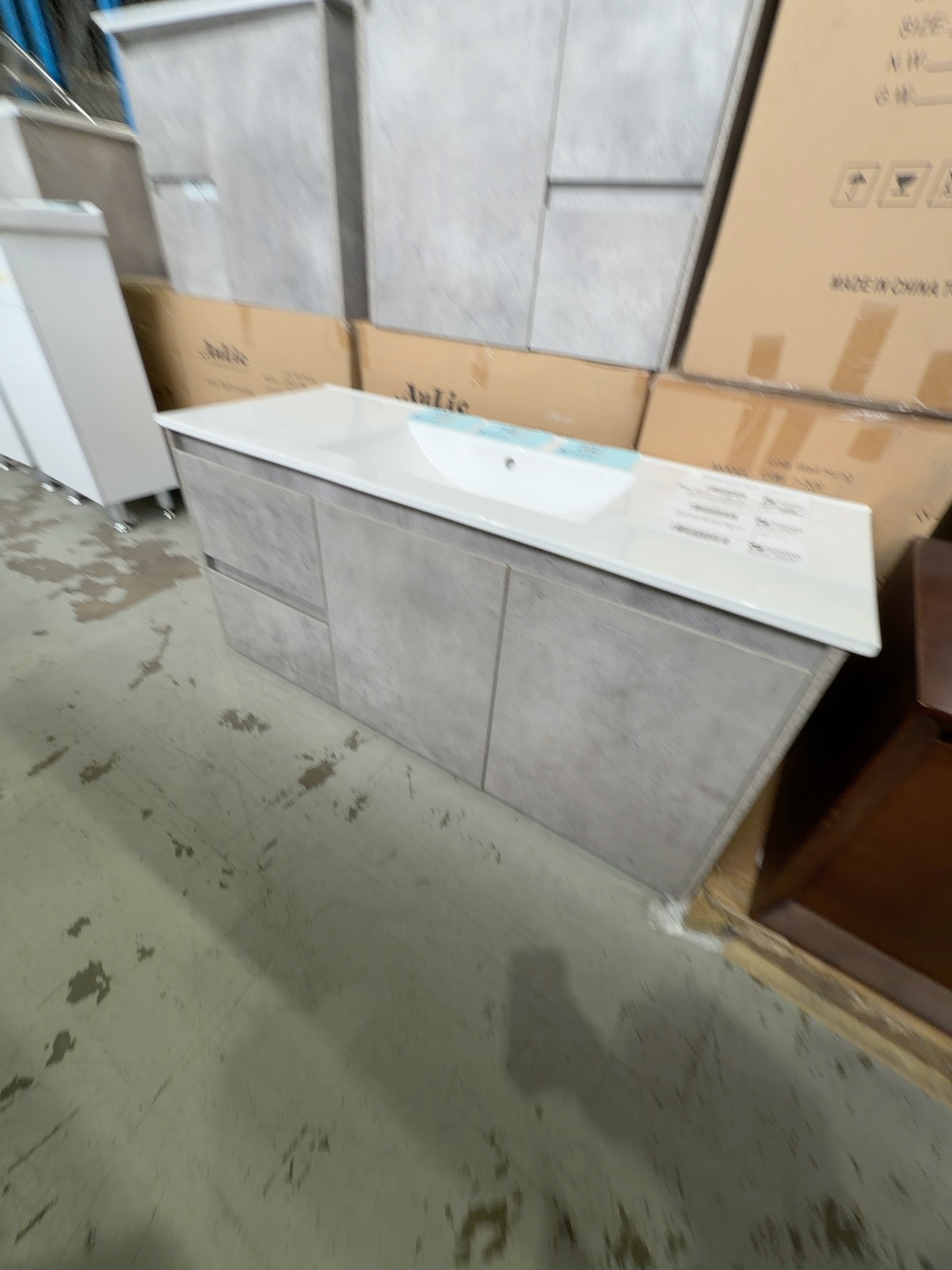 NEW AULIC LOLA WALL HUNG CONCRETE GREY 1200MM VANITY, DRAWERS RIGHT HAND WITH CRYSTAL CERAMIC TOP, CAWH11-1200R-CT28 NEW AULIC LOLA WALL HUNG CONCRETE GREY 1200MM VANITY, DRAWERS RIGHT HAND WITH CRYSTAL CERAMIC TOP, CAWH11-1200R-CT28