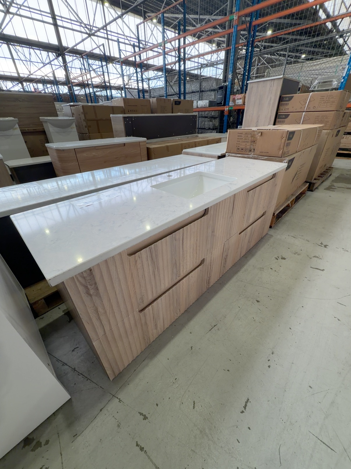 NEW AULIC TUSCANA 1500MM WALL HUNG VANITY, WOOD GRAIN GROOVE FINISH WITH SINGLE BOWL UNDERMOUNT BASIN, ALPINE WHITE STONE TOP RRP$3179 NEW AULIC TUSCANA 1500MM WALL HUNG VANITY, WOOD GRAIN GROOVE FINISH WITH SINGLE BOWL UNDERMOUNT BASIN, ALPINE WHITE STONE TOP RRP$3179