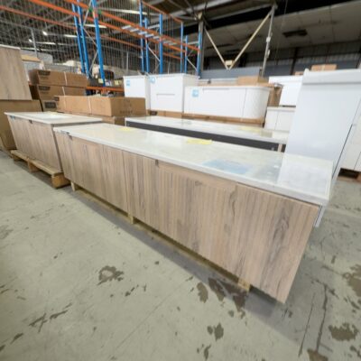 NEW AULIC CALDER 1800MM DOUBLE BOWL WALL HUNG VANITY, NATURAL OAK WAVE GROOVE FINISH, WITH CATO FLAT STONE TOP RRP$3019 CAWH44-1800D-ST26FT NEW AULIC CALDER 1800MM DOUBLE BOWL WALL HUNG VANITY, NATURAL OAK WAVE GROOVE FINISH, WITH CATO FLAT STONE TOP RRP$3019 CAWH44-1800D-ST26FT
