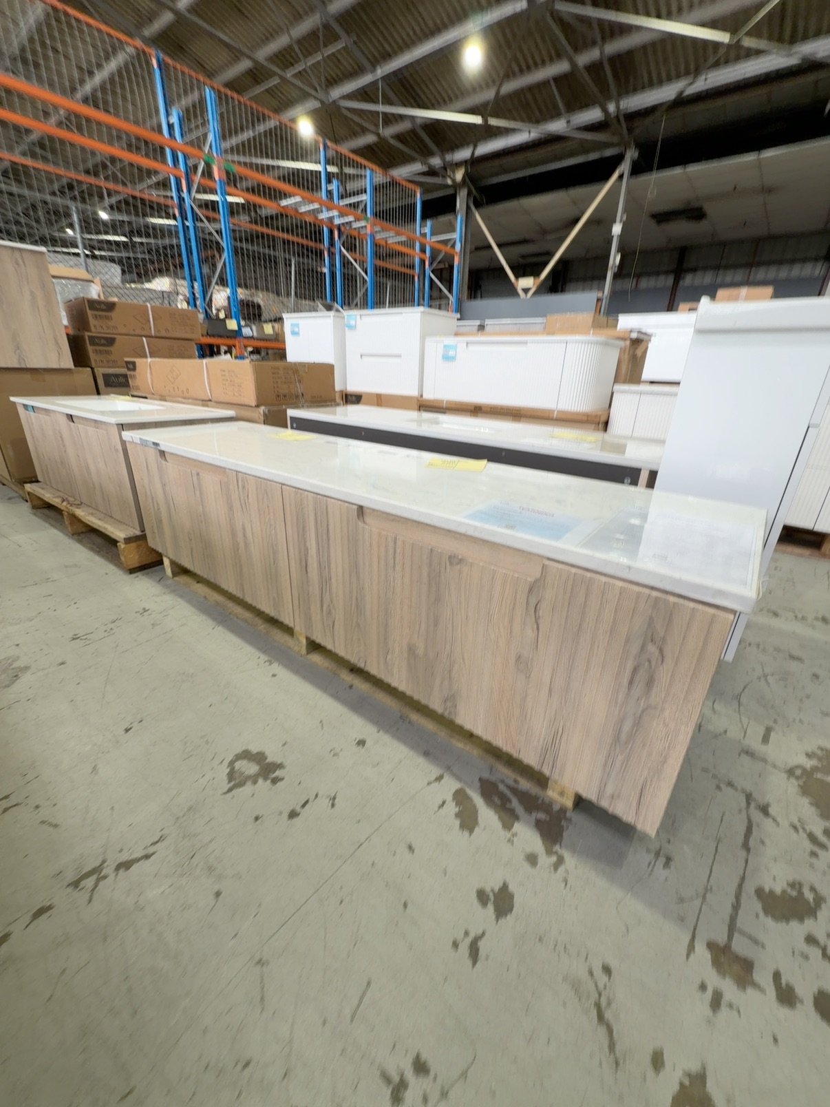 NEW AULIC CALDER 1800MM DOUBLE BOWL WALL HUNG VANITY, NATURAL OAK WAVE GROOVE FINISH, WITH CATO FLAT STONE TOP RRP$3019 CAWH44-1800D-ST26FT NEW AULIC CALDER 1800MM DOUBLE BOWL WALL HUNG VANITY, NATURAL OAK WAVE GROOVE FINISH, WITH CATO FLAT STONE TOP RRP$3019 CAWH44-1800D-ST26FT