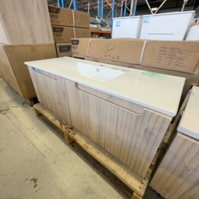 NEW AULIC CALDER 1200MM WALL HUNG VANITY, NATURAL OAK WAVE GROOVE FINISH, WITH CRYSTAL CERAMIC TOP CAWH44-1200-ST28 RRP$2045 NEW AULIC CALDER 1200MM WALL HUNG VANITY, NATURAL OAK WAVE GROOVE FINISH, WITH CRYSTAL CERAMIC TOP CAWH44-1200-ST28 RRP$2045