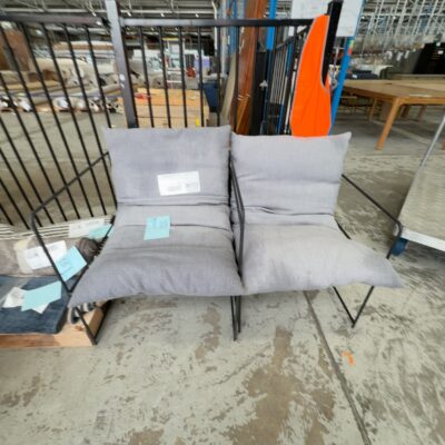 EX STAGING- GREY ARMCHAIR ON BLACK METAL FRAME SOLD AS IS EX STAGING- GREY ARMCHAIR ON BLACK METAL FRAME SOLD AS IS