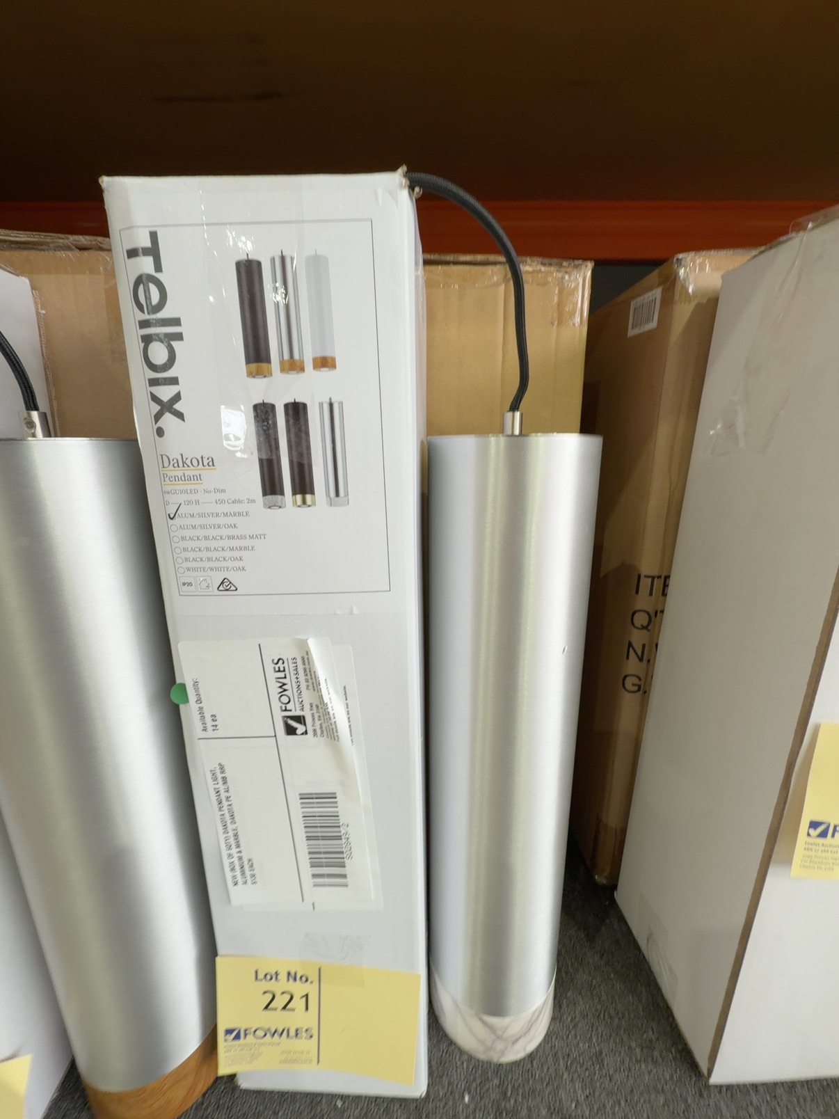 NEW (BOX OF 6QTY) DAKOTA PENDANT LIGHT, ALUMINIUM & MARBLE, DAKOTA PE AL/MB RRP$130 EACH NEW (BOX OF 6QTY) DAKOTA PENDANT LIGHT, ALUMINIUM & MARBLE, DAKOTA PE AL/MB RRP$130 EACH