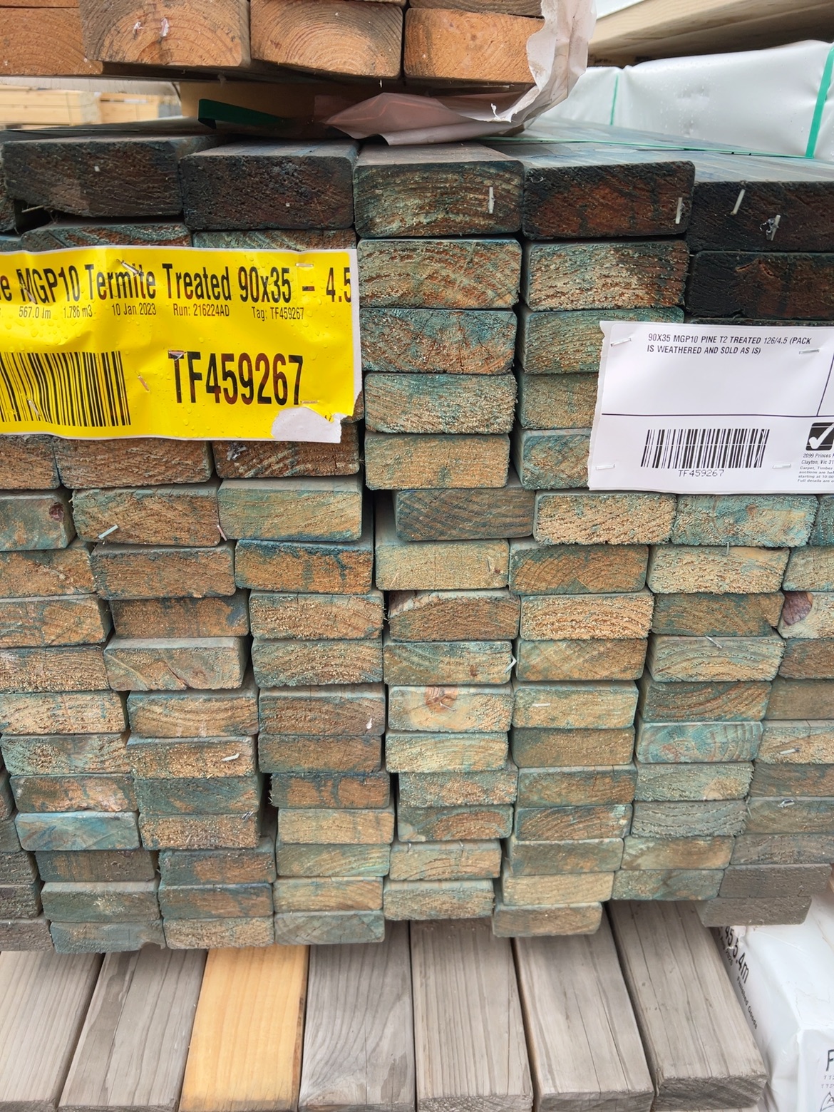90X35 MGP10 PINE T2 TREATED 126/4.5 (PACK IS WEATHERED AND SOLD AS IS) 90X35 MGP10 PINE T2 TREATED 126/4.5 (PACK IS WEATHERED AND SOLD AS IS)