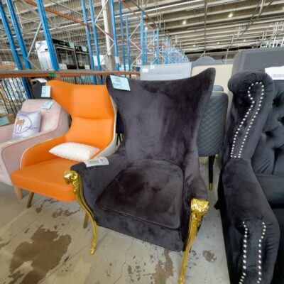 EX SHOWROOM SAMPLE - BLACK VELVET MODERN WINGBACK WITH GOLD RAMS HEAD DETAIL EX SHOWROOM SAMPLE - BLACK VELVET MODERN WINGBACK WITH GOLD RAMS HEAD DETAIL