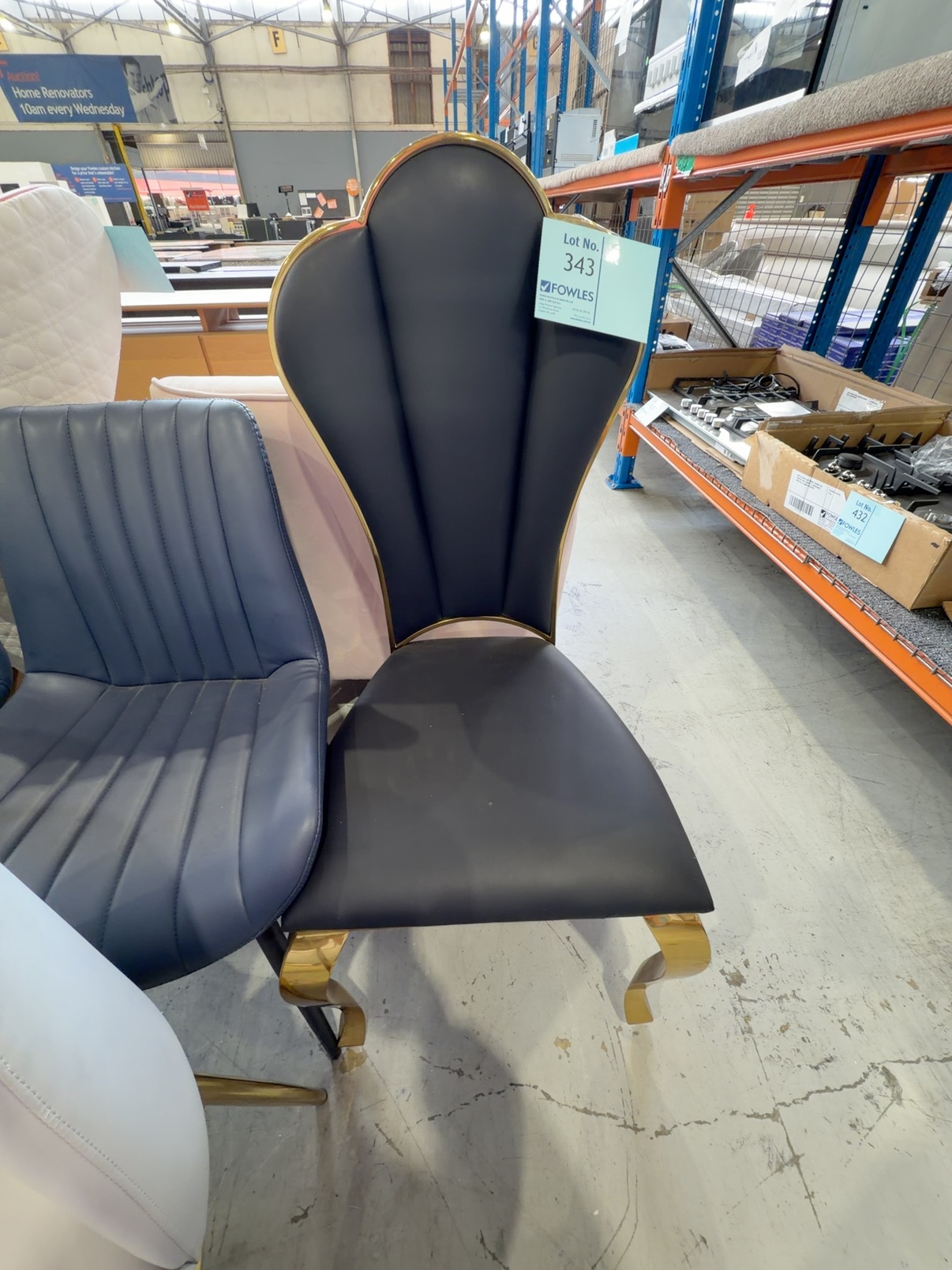 EX SHOWROOM - BLACK PU DINING CHAIR WITH GOLD SCALLOPED FRAME EX SHOWROOM - BLACK PU DINING CHAIR WITH GOLD SCALLOPED FRAME