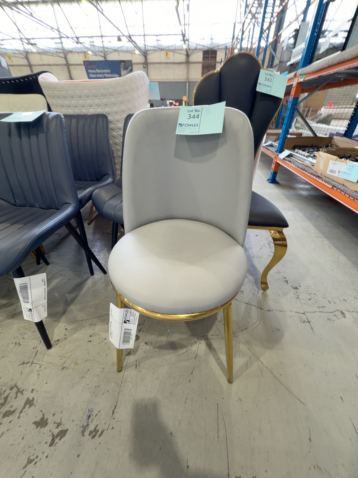 EX SHOWROOM - GREY PU ROUND DINING CHAIR, GOLD FRAME EX SHOWROOM - GREY PU ROUND DINING CHAIR, GOLD FRAME