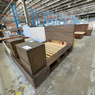 EX SHOWROOM - INVERLOCH TIMBER QUEEN SIZE BEDFRAME, WITH MATCHING BEDSIDE TABLES EX SHOWROOM - INVERLOCH TIMBER QUEEN SIZE BEDFRAME, WITH MATCHING BEDSIDE TABLES