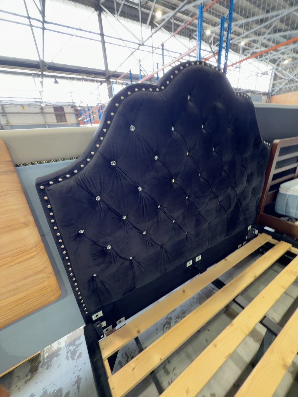 EX SHOWROOM - LUXOR BLACK VELVET BEDFRAME, SCALLOPED BEDHEAD WITH CRYSTAL BUTTON UPHOLSTERY EX SHOWROOM - LUXOR BLACK VELVET BEDFRAME, SCALLOPED BEDHEAD WITH CRYSTAL BUTTON UPHOLSTERY