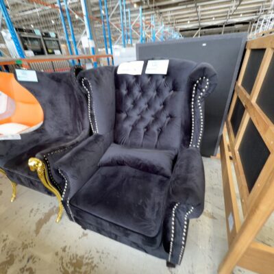EX SHOWROOM - LUXE BLACK VELVET WINGBACK CHAIR, WITH STUD DETAIL EX SHOWROOM - LUXE BLACK VELVET WINGBACK CHAIR, WITH STUD DETAIL