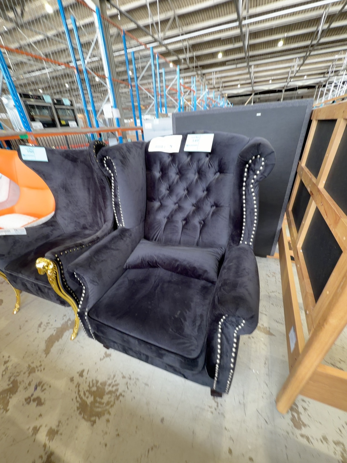 EX SHOWROOM - LUXE BLACK VELVET WINGBACK CHAIR, WITH STUD DETAIL EX SHOWROOM - LUXE BLACK VELVET WINGBACK CHAIR, WITH STUD DETAIL