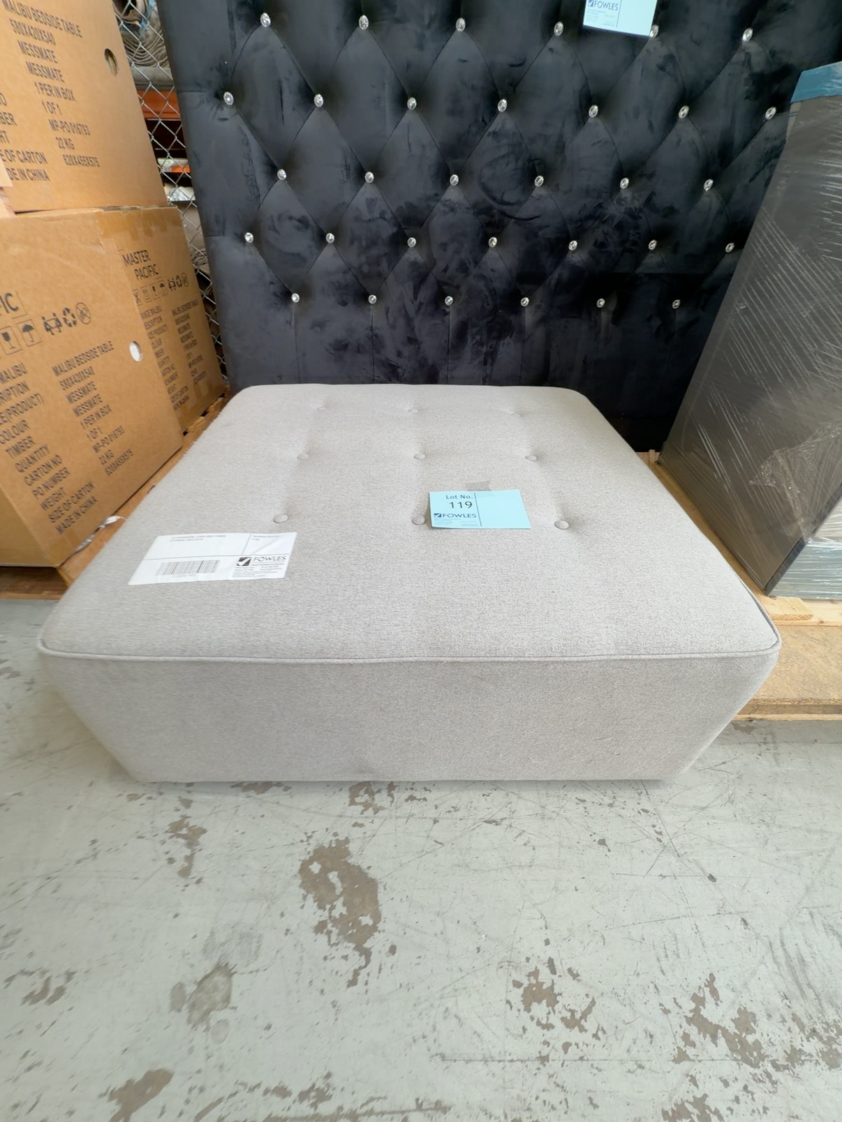 EX SHOWROOM, LARGE GREY FABRIC OTTOMAN, SOLD AS IS EX SHOWROOM, LARGE GREY FABRIC OTTOMAN, SOLD AS IS