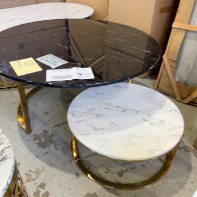 NEW NEST OF 2 TABLES, LARGE BLACK STONE COFFEE TABLE AND SMALLER WHITE STONE COFFEE TABLE, GOLD FRAME SOLD AS IS