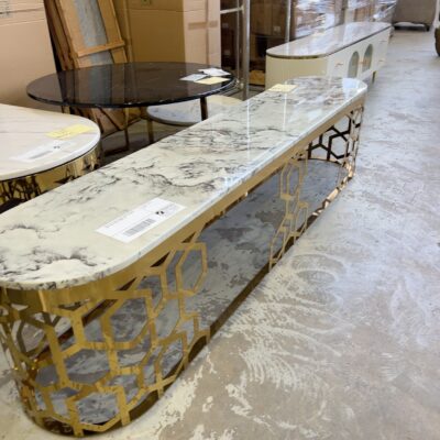 NEW OLIVIA GOLD FRAMED ENTERTAINMENT UNIT TABLE WITH STONE TOP