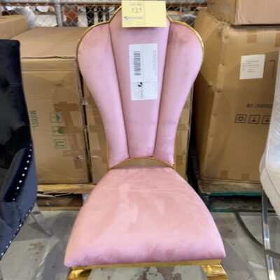 NEW PINK VELVET SCALLOPED BACK DINING CHAIR, GOLD FRAME, SOLD AS IS