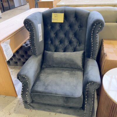 NEW GREY VELVET LARGE WINGBACK ARM CHAIR WITH STUD DETAIL - NO LEGS SUPPLIED, SOLD AS IS