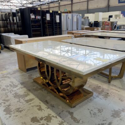 NEW MONACO 2000MM DINING TABLE, WITH GOLD RING BASE AND MARBLE TOP **NO SCREWS TO SECURE TOP, SOLD AS IS** NEW MONACO 2000MM DINING TABLE, WITH GOLD RING BASE AND MARBLE TOP **NO SCREWS TO SECURE TOP, SOLD AS IS**