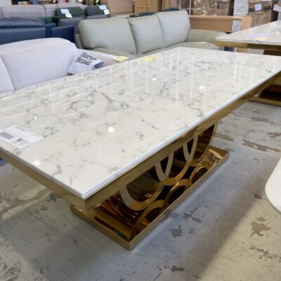 NEW MONACO 2000MM DINING TABLE, WITH GOLD RING BASE AND MARBLE TOP **NO SCREWS TO SECURE TOP, SOLD AS IS** NEW MONACO 2000MM DINING TABLE, WITH GOLD RING BASE AND MARBLE TOP **NO SCREWS TO SECURE TOP, SOLD AS IS**