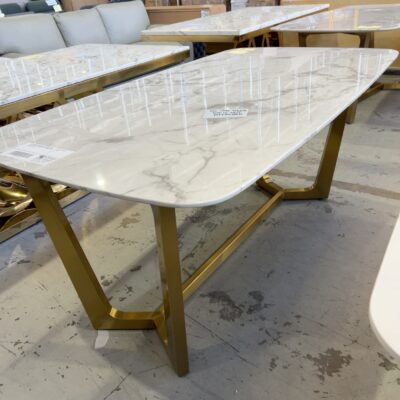 NEW CONTEMPORARY SIENNA 1800MM DINING TABLE WITH ROUNDED EDGES, BRUSHED GOLD METAL FRAME **NO SCREWS TO SECURE TOP, SOLD AS IS** NEW CONTEMPORARY SIENNA 1800MM DINING TABLE WITH ROUNDED EDGES, BRUSHED GOLD METAL FRAME **NO SCREWS TO SECURE TOP, SOLD AS IS**