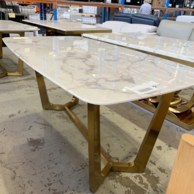 NEW CONTEMPORARY SIENNA 1800MM DINING TABLE WITH ROUNDED EDGES, BRUSHED GOLD METAL FRAME **NO SCREWS TO SECURE TOP, SOLD AS IS**