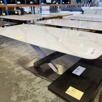 NEW CONTEMPORARY COVENTRY 2200MM DINING TABLE WITH DARK METAL CROSS LEG BASE AND STONE TOP **NO SCREWS TO SECURE TOP, SOLD AS IS** NEW CONTEMPORARY COVENTRY 2200MM DINING TABLE WITH DARK METAL CROSS LEG BASE AND STONE TOP **NO SCREWS TO SECURE TOP, SOLD AS IS**