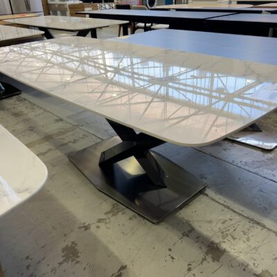NEW CONTEMPORARY COVENTRY 2200MM DINING TABLE WITH DARK METAL CROSS LEG BASE AND STONE TOP **NO SCREWS TO SECURE TOP, SOLD AS IS** NEW CONTEMPORARY COVENTRY 2200MM DINING TABLE WITH DARK METAL CROSS LEG BASE AND STONE TOP **NO SCREWS TO SECURE TOP, SOLD AS IS**