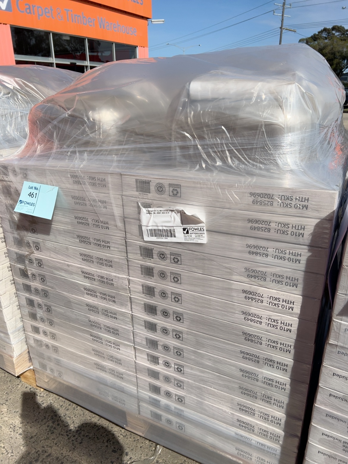 PALLET WITH QTY 56, NEW S/STEEL LAUNDRY SINK CAL-TM3-45SSP, SOLD AS IS PALLET WITH QTY 56, NEW S/STEEL LAUNDRY SINK CAL-TM3-45SSP, SOLD AS IS