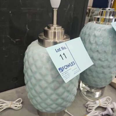 EX STAGING - LIGHT BLUE LAMP BASE WITH CHROME TRIM, SOLD AS IS EX STAGING - LIGHT BLUE LAMP BASE WITH CHROME TRIM, SOLD AS IS