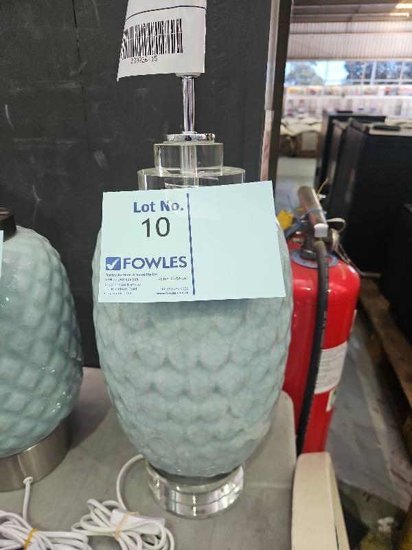 EX STAGING - LIGHT BLUE LAMP BASE WITH CLEAR ACRYLIC TRIM, SOLD AS IS EX STAGING - LIGHT BLUE LAMP BASE WITH CLEAR ACRYLIC TRIM, SOLD AS IS